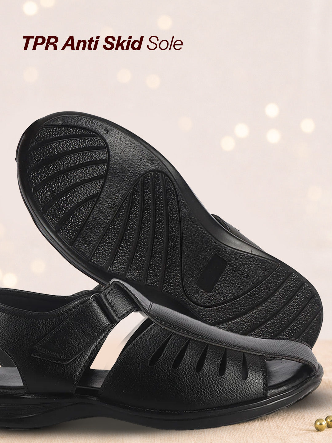 Men Black Peforated Laser Cut Hook and Loop Adjustable Strap Shoe Style Sandals|Perfect for Summer, Office, Kurta, Festive|Lightweight Cushioned Insole
