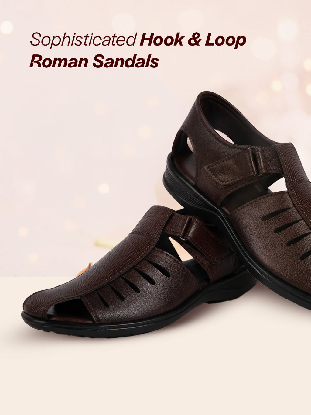 Men Brown Peforated Laser Cut Hook and Loop Adjustable Strap Shoe Style Sandals|Perfect for Summer, Office, Kurta, Festive|Lightweight Cushioned Insole