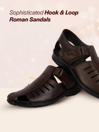 Men Brown Peforated Laser Cut Hook and Loop Adjustable Strap Shoe Style Sandals|Perfect for Summer, Office, Kurta, Festive|Lightweight Cushioned Insole