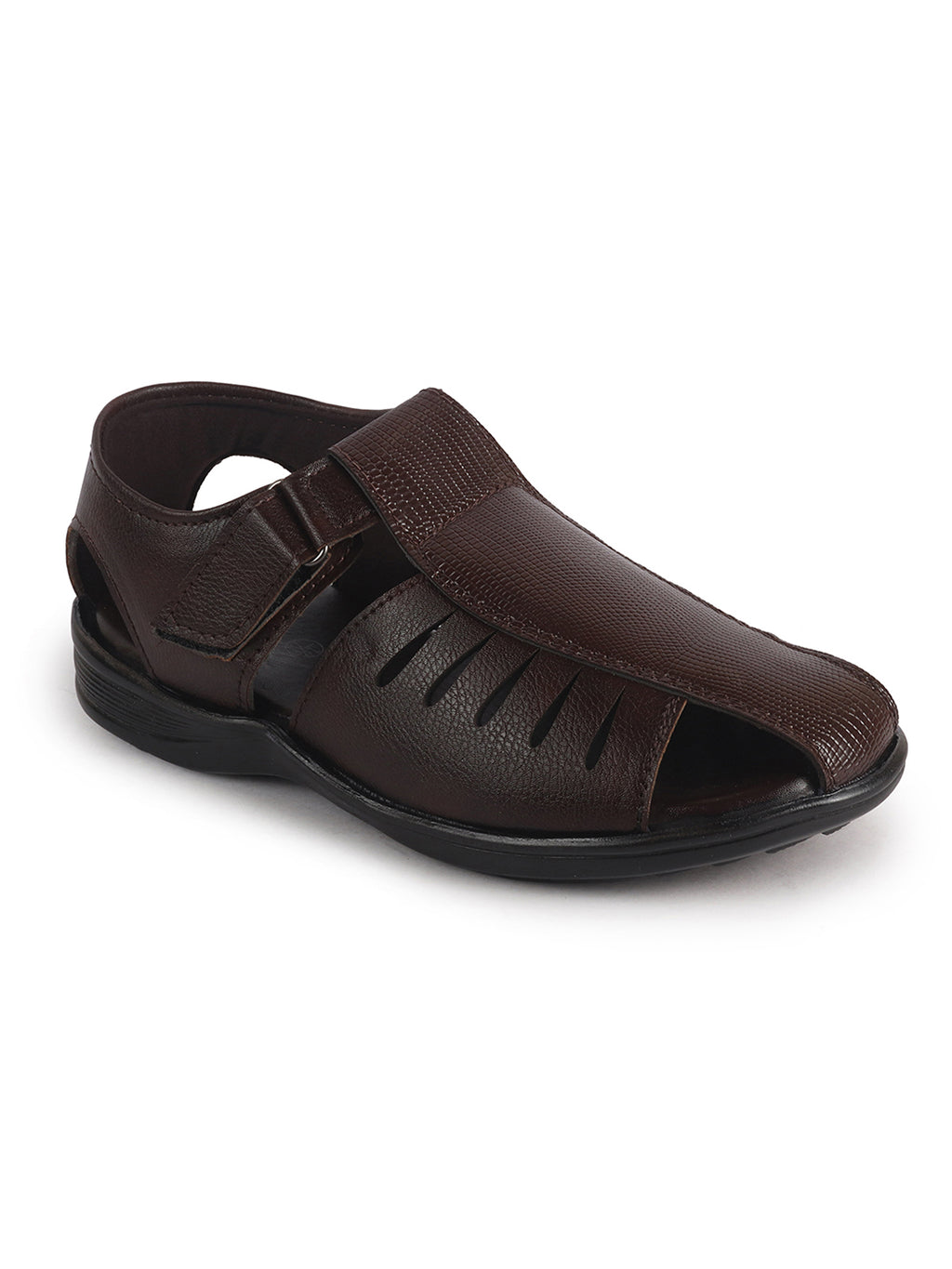 Men Brown Peforated Laser Cut Hook and Loop Adjustable Strap Shoe Style Sandals|Perfect for Summer, Office, Kurta, Festive|Lightweight Cushioned Insole
