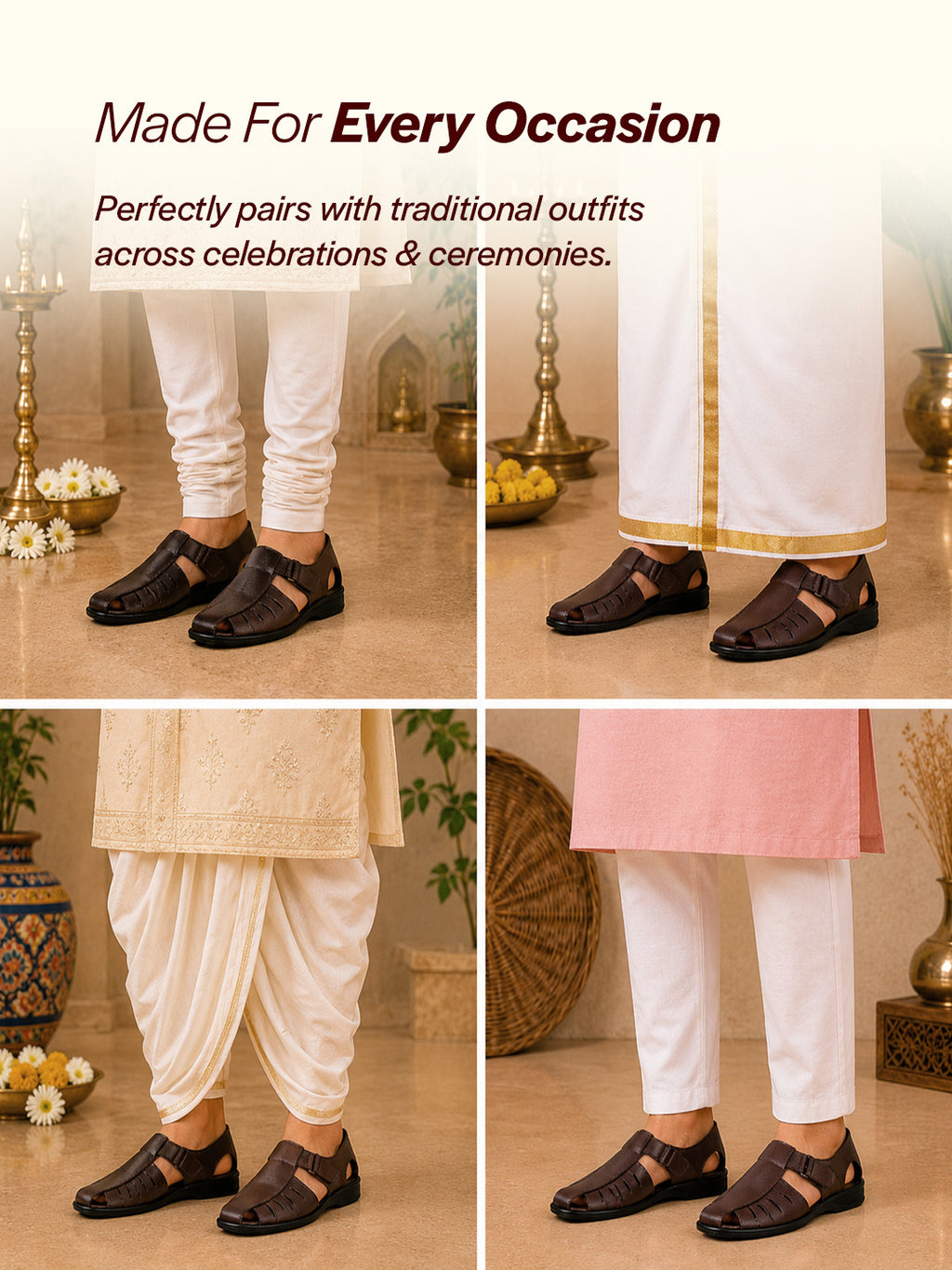 Men Brown Peforated Laser Cut Hook and Loop Adjustable Strap Shoe Style Sandals|Perfect for Summer, Office, Kurta, Festive|Lightweight Cushioned Insole