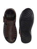 Men Brown Peforated Laser Cut Hook and Loop Adjustable Strap Shoe Style Sandals|Perfect for Summer, Office, Kurta, Festive|Lightweight Cushioned Insole