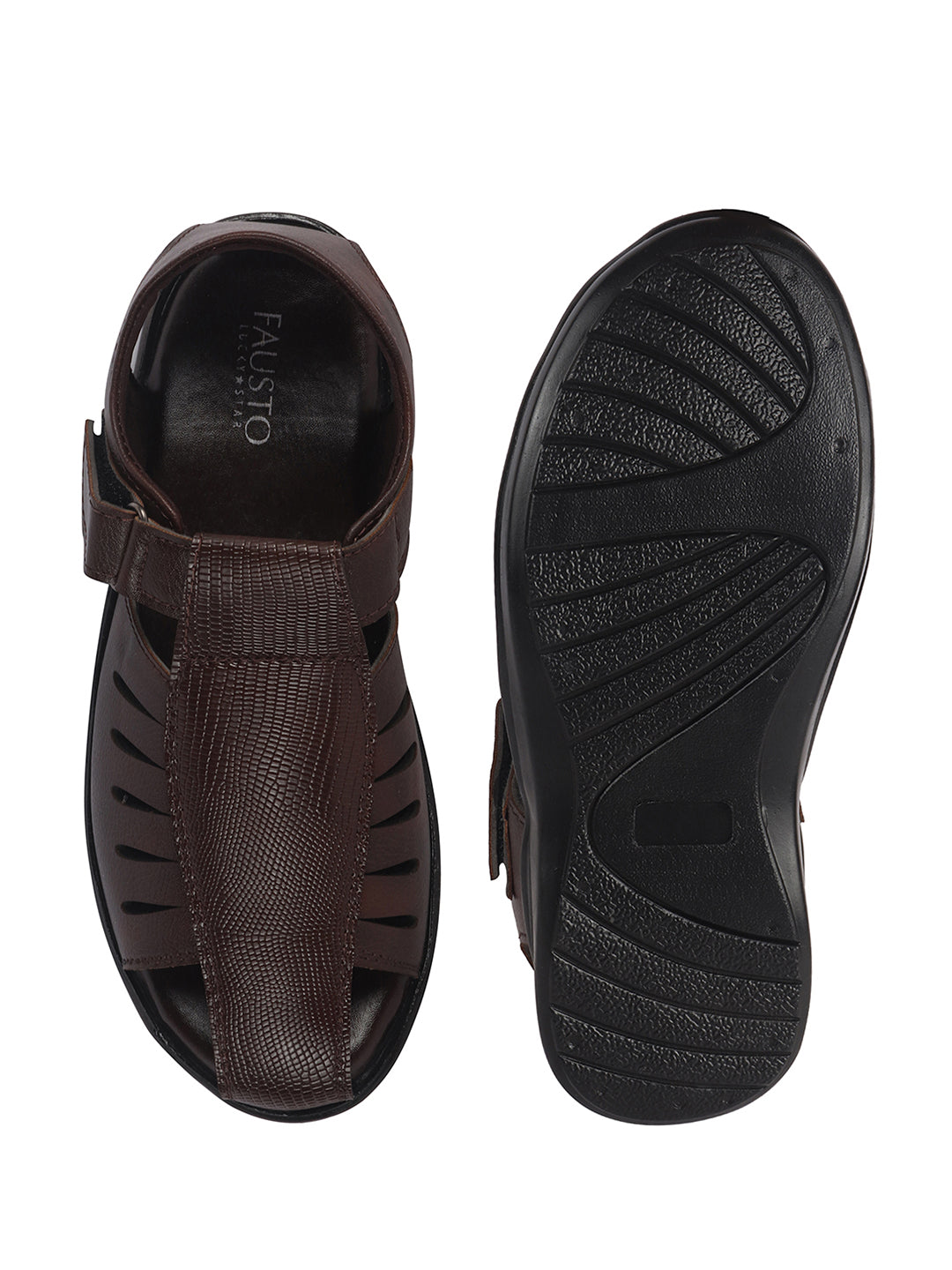 Men Brown Peforated Laser Cut Hook and Loop Adjustable Strap Shoe Style Sandals|Perfect for Summer, Office, Kurta, Festive|Lightweight Cushioned Insole