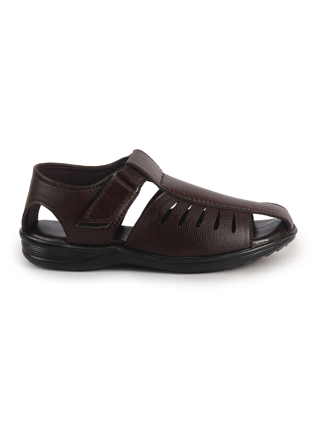 Men Brown Peforated Laser Cut Hook and Loop Adjustable Strap Shoe Style Sandals|Perfect for Summer, Office, Kurta, Festive|Lightweight Cushioned Insole