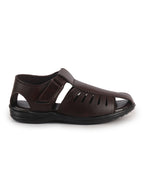 Men Brown Peforated Laser Cut Hook and Loop Adjustable Strap Shoe Style Sandals|Perfect for Summer, Office, Kurta, Festive|Lightweight Cushioned Insole