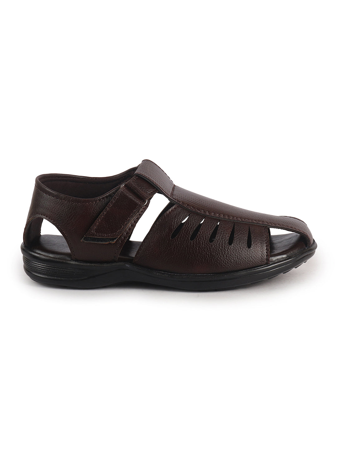 Men Brown Peforated Laser Cut Hook and Loop Adjustable Strap Shoe Style Sandals|Perfect for Summer, Office, Kurta, Festive|Lightweight Cushioned Insole