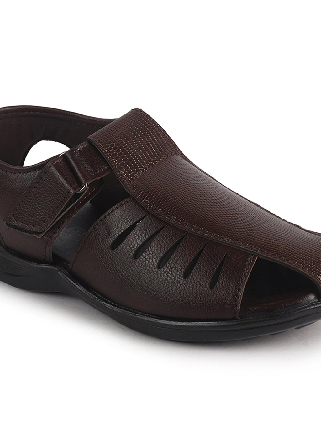 Men Brown Peforated Laser Cut Hook and Loop Adjustable Strap Shoe Style Sandals|Perfect for Summer, Office, Kurta, Festive|Lightweight Cushioned Insole