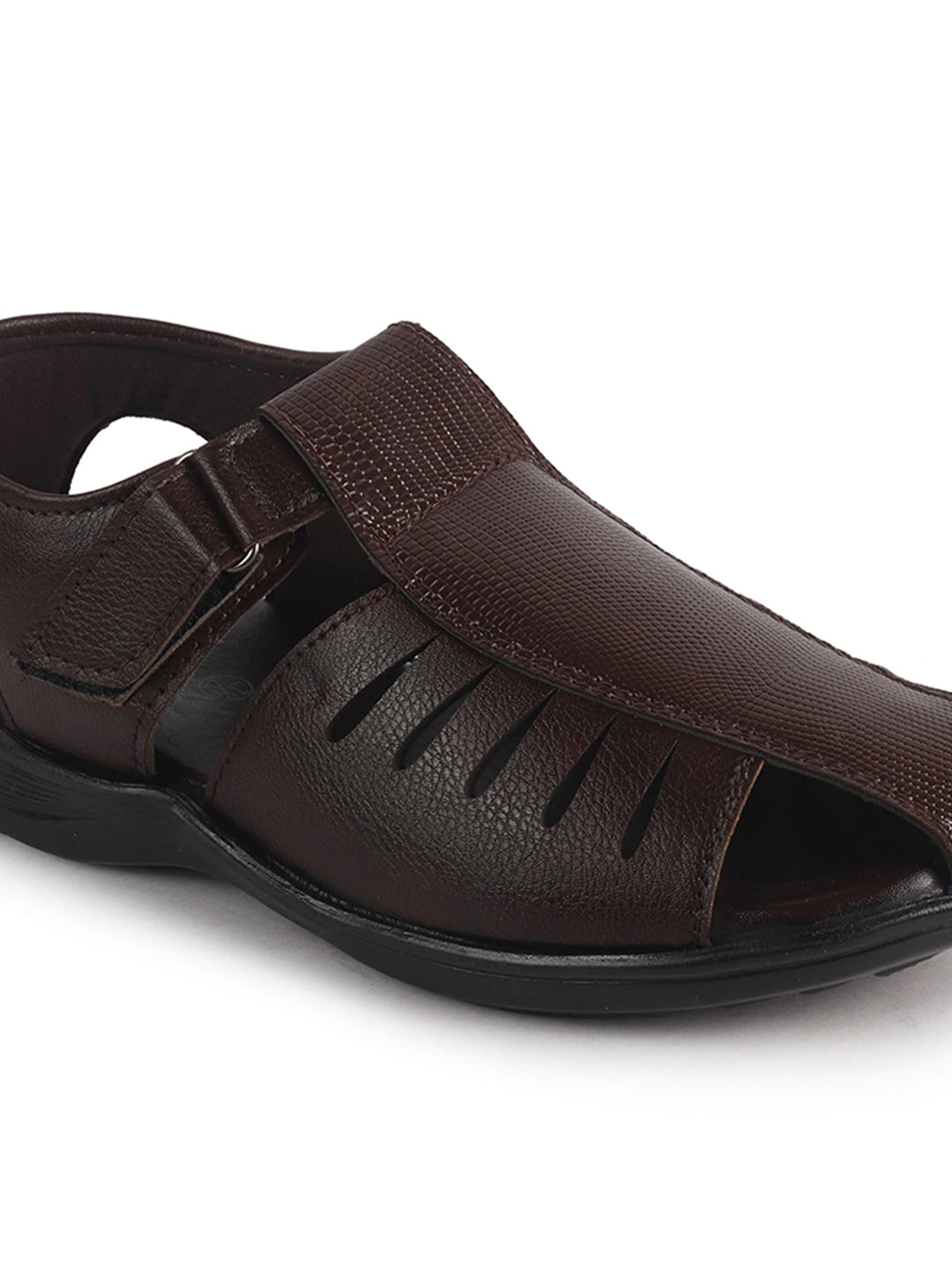 Men Brown Peforated Laser Cut Hook and Loop Adjustable Strap Shoe Style Sandals|Perfect for Summer, Office, Kurta, Festive|Lightweight Cushioned Insole