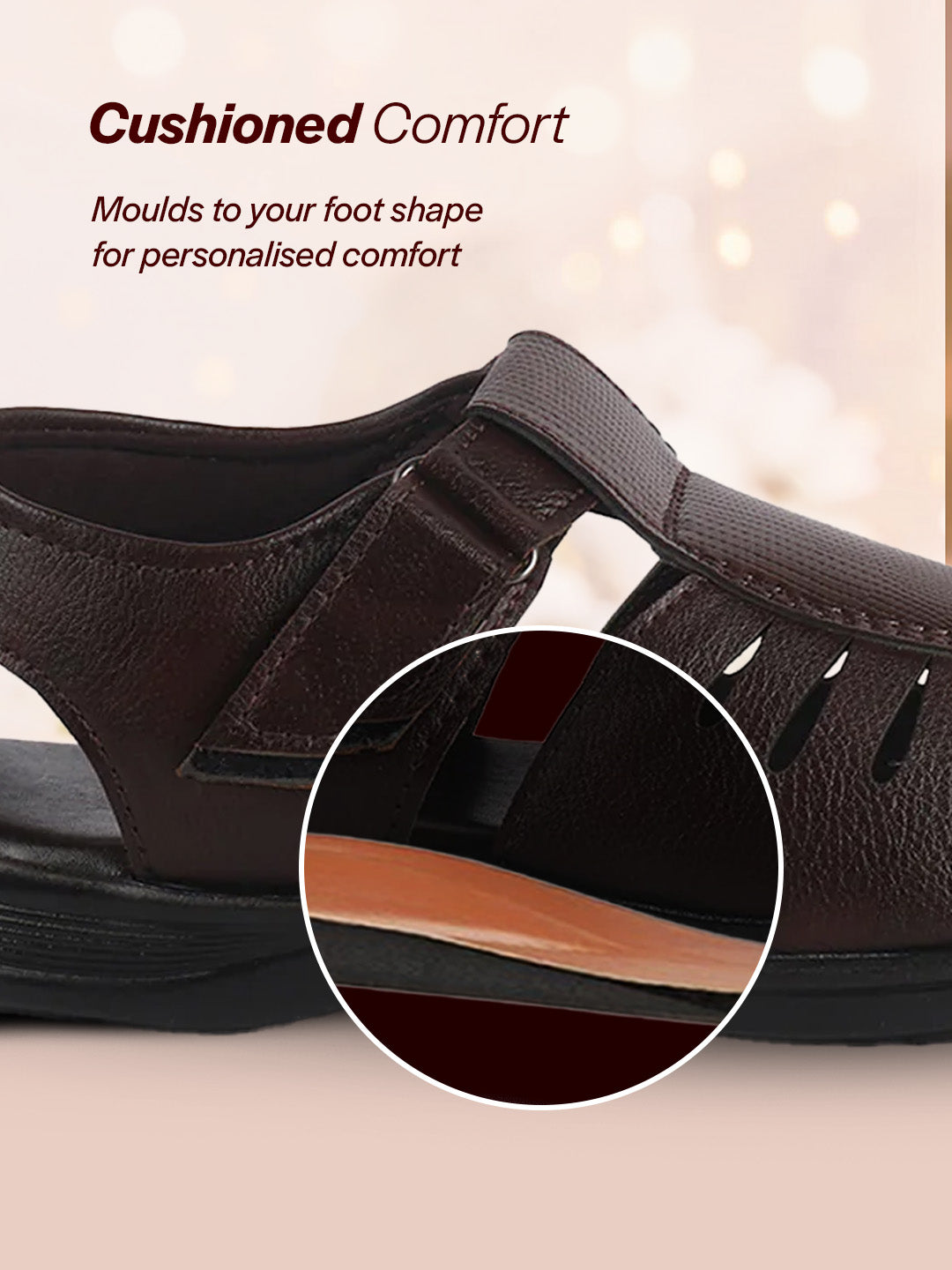 Men Brown Peforated Laser Cut Hook and Loop Adjustable Strap Shoe Style Sandals|Perfect for Summer, Office, Kurta, Festive|Lightweight Cushioned Insole