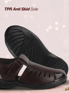 Men Brown Peforated Laser Cut Hook and Loop Adjustable Strap Shoe Style Sandals|Perfect for Summer, Office, Kurta, Festive|Lightweight Cushioned Insole