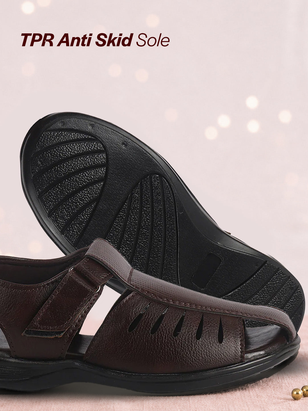 Men Brown Peforated Laser Cut Hook and Loop Adjustable Strap Shoe Style Sandals|Perfect for Summer, Office, Kurta, Festive|Lightweight Cushioned Insole