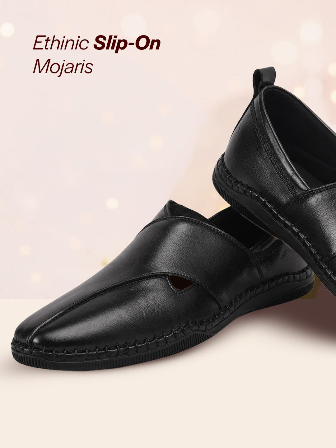 Men Black Cut Leather Side Stitched Ethnic Criss Cross Juttis and Mojaris for Wedding|Flexible Rubber Sole|Slip On Shoe for Pathani Festive Kurta, Party