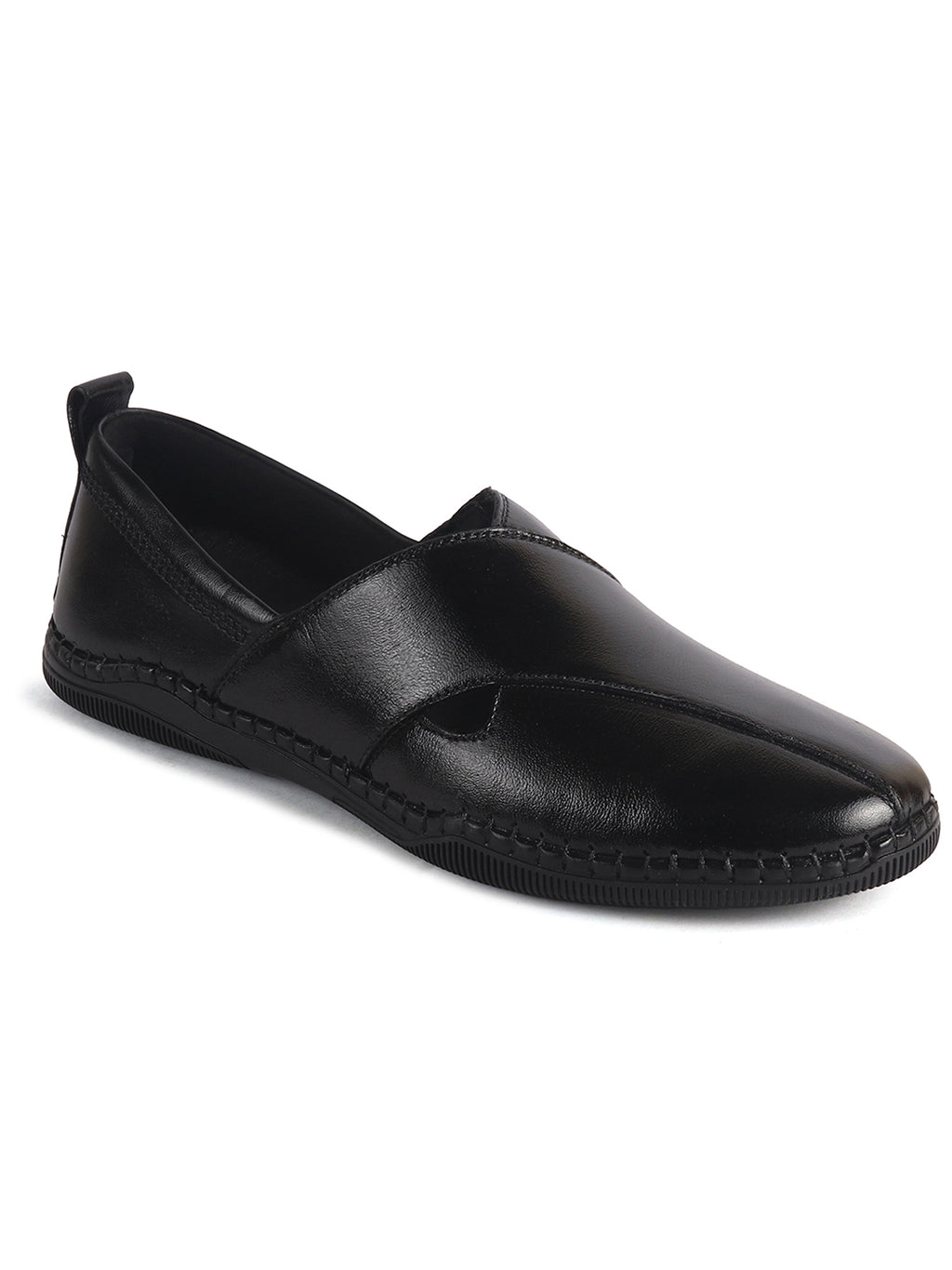 Men Black Cut Leather Side Stitched Ethnic Criss Cross Juttis and Mojaris for Wedding|Flexible Rubber Sole|Slip On Shoe for Pathani Festive Kurta, Party