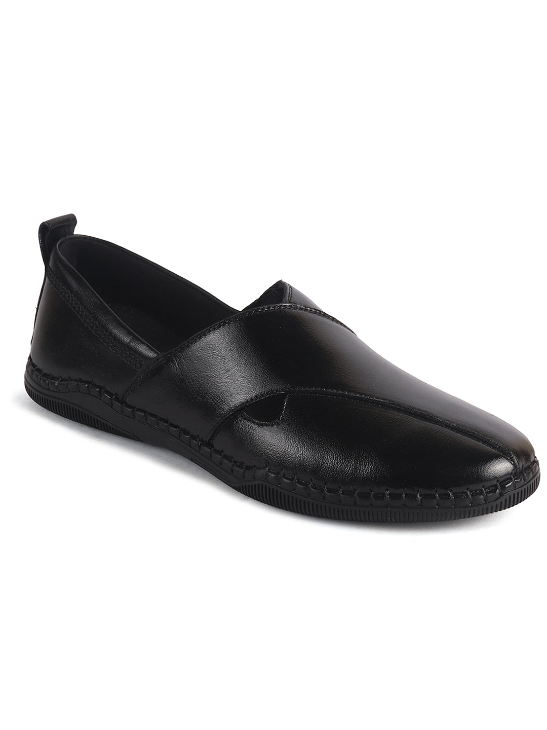 Men Black Cut Leather Side Stitched Ethnic Criss Cross Juttis and Mojaris for Wedding|Flexible Rubber Sole|Slip On Shoe for Pathani Festive Kurta, Party