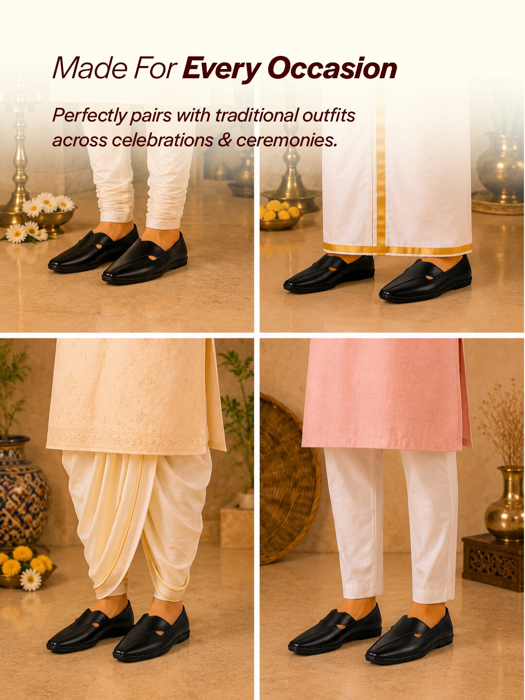 Men Black Cut Leather Side Stitched Ethnic Criss Cross Juttis and Mojaris for Wedding|Flexible Rubber Sole|Slip On Shoe for Pathani Festive Kurta, Party
