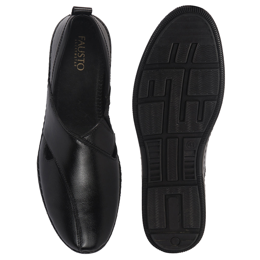 Men Black Cut Leather Side Stitched Ethnic Criss Cross Juttis and Mojaris for Wedding|Flexible Rubber Sole|Slip On Shoe for Pathani Festive Kurta, Party