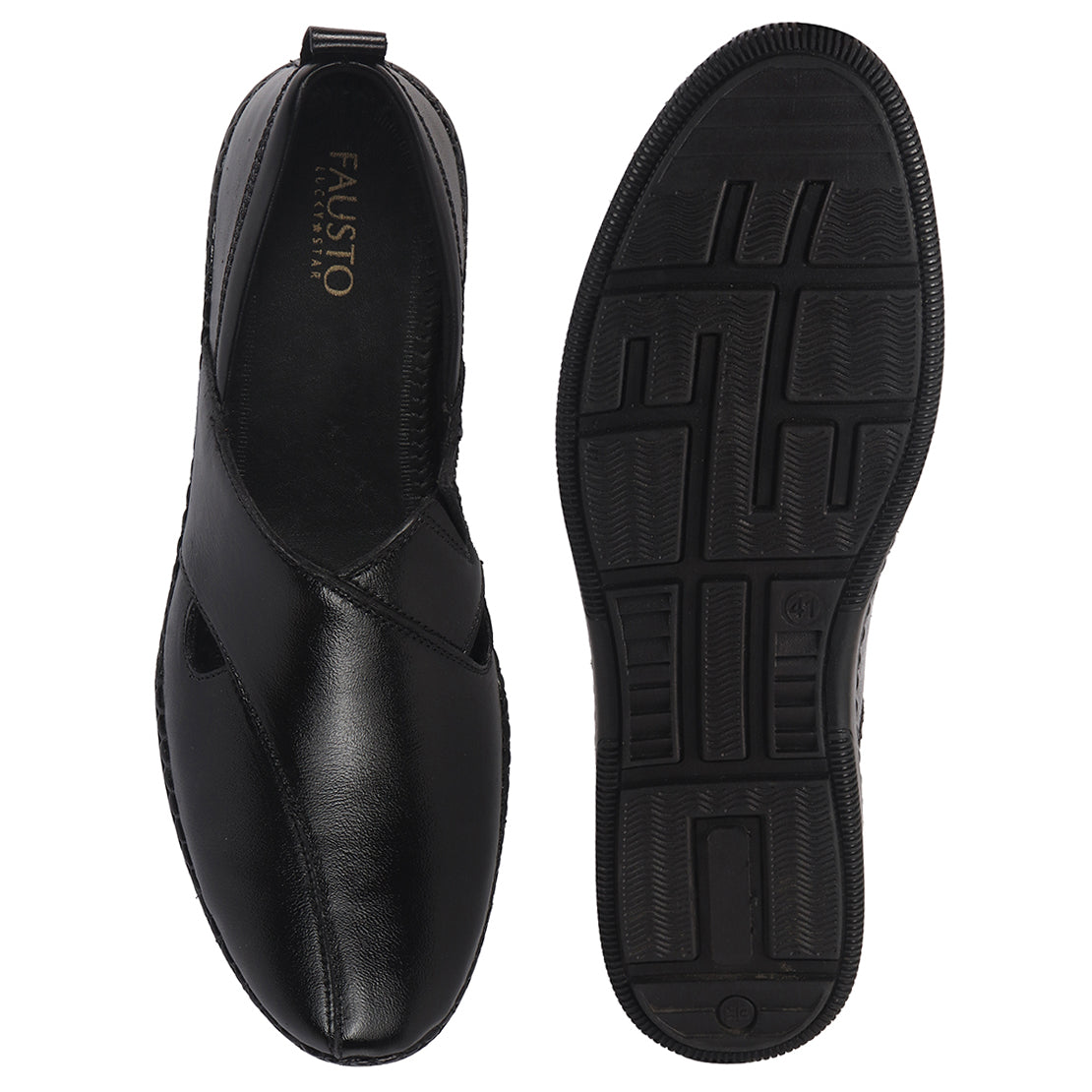 Men Black Cut Leather Side Stitched Ethnic Criss Cross Juttis and Mojaris for Wedding|Flexible Rubber Sole|Slip On Shoe for Pathani Festive Kurta, Party