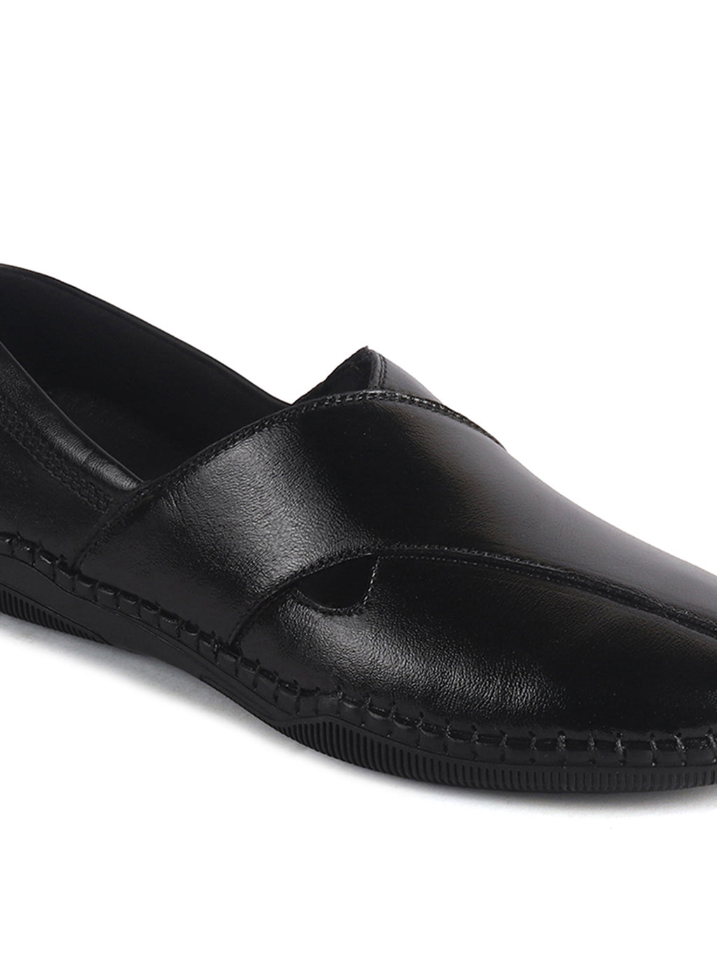 Men Black Cut Leather Side Stitched Ethnic Criss Cross Juttis and Mojaris for Wedding|Flexible Rubber Sole|Slip On Shoe for Pathani Festive Kurta, Party