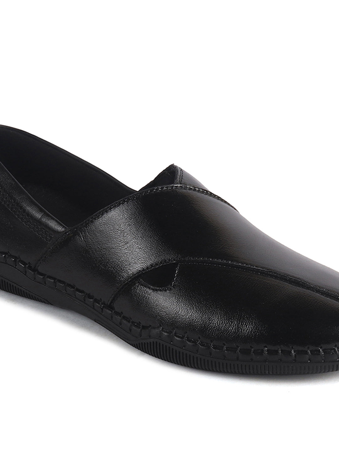 Men Black Cut Leather Side Stitched Ethnic Criss Cross Juttis and Mojaris for Wedding|Flexible Rubber Sole|Slip On Shoe for Pathani Festive Kurta, Party