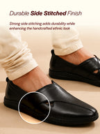 Men Black Cut Leather Side Stitched Ethnic Criss Cross Juttis and Mojaris for Wedding|Flexible Rubber Sole|Slip On Shoe for Pathani Festive Kurta, Party