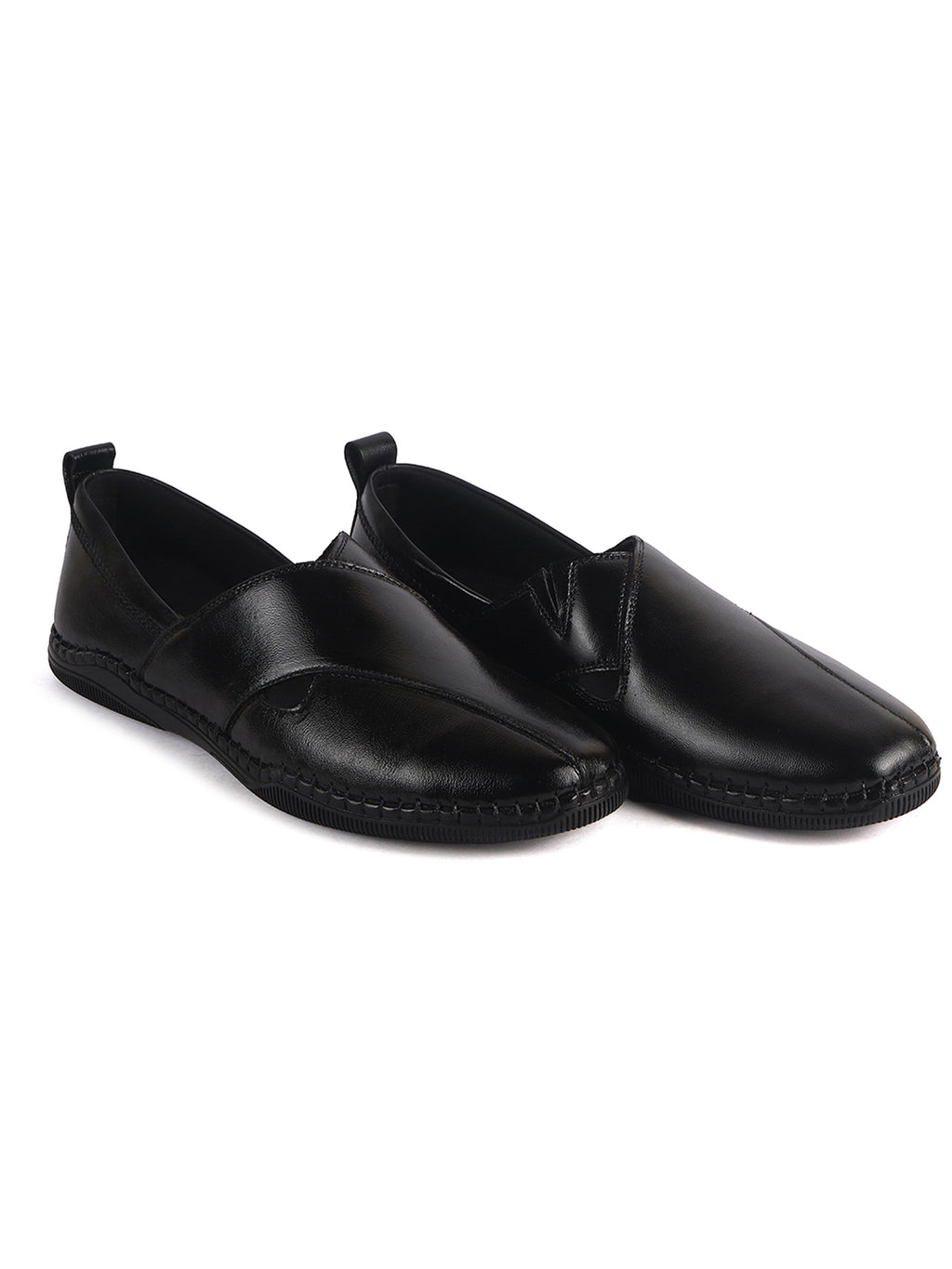 Men Black Cut Leather Side Stitched Ethnic Criss Cross Juttis and Mojaris for Wedding|Flexible Rubber Sole|Slip On Shoe for Pathani Festive Kurta, Party