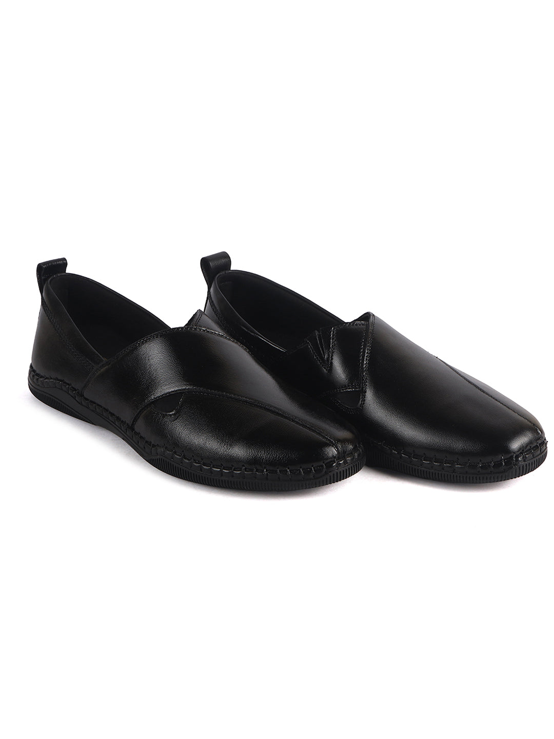 Men Black Cut Leather Side Stitched Ethnic Criss Cross Juttis and Mojaris for Wedding|Flexible Rubber Sole|Slip On Shoe for Pathani Festive Kurta, Party