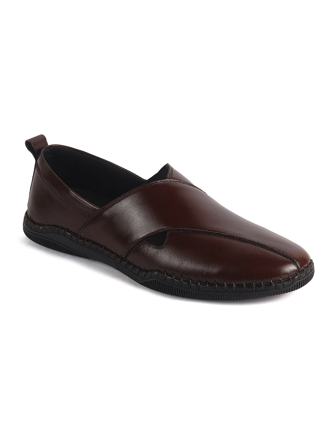 Men Brown Cut Leather Side Stitched Ethnic Criss Cross Juttis and Mojaris for Wedding|Flexible Rubber Sole|Slip On Shoe for Pathani Festive Kurta, Party