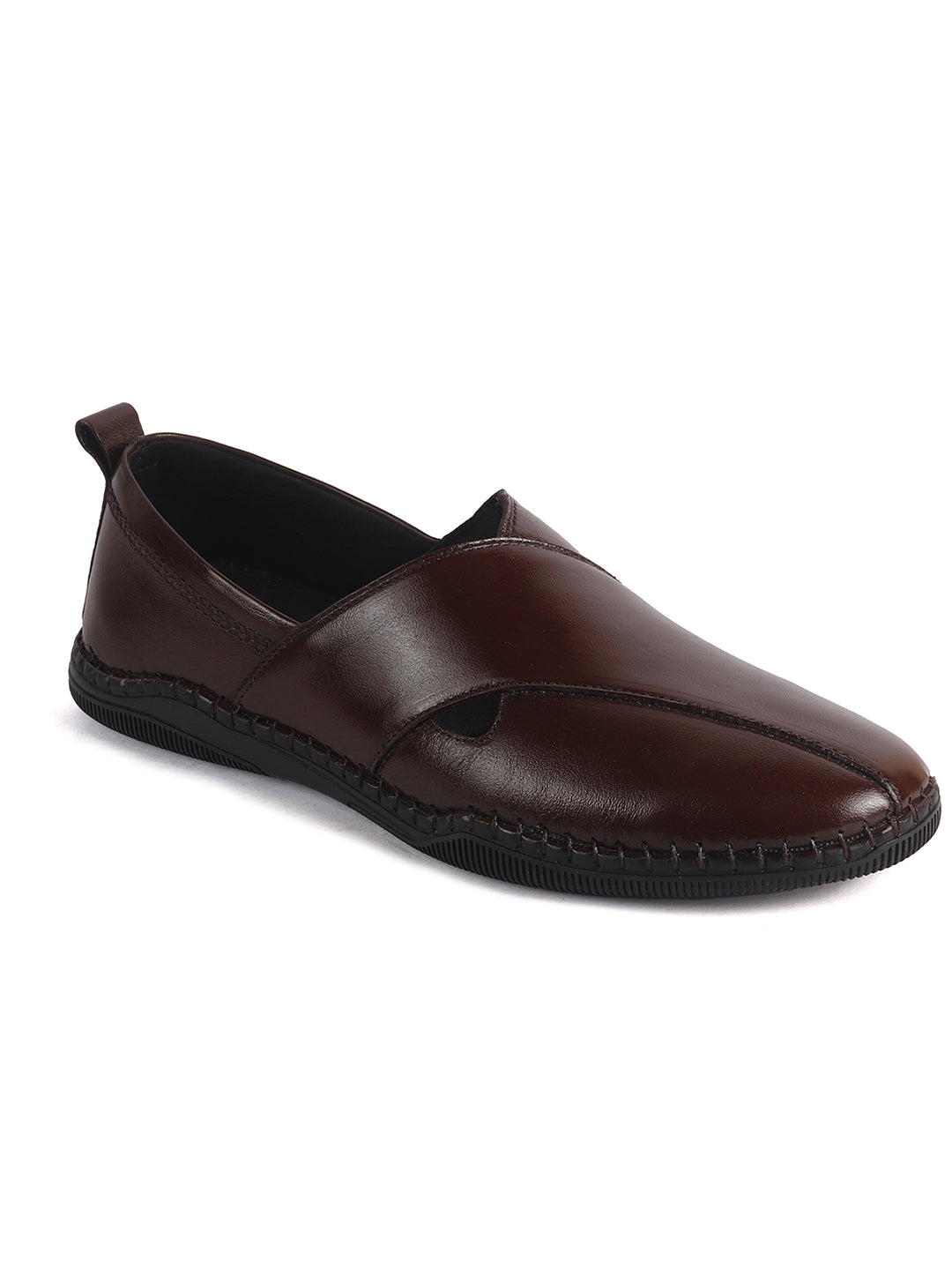 Men Brown Cut Leather Side Stitched Ethnic Criss Cross Juttis and Mojaris for Wedding|Flexible Rubber Sole|Slip On Shoe for Pathani Festive Kurta, Party