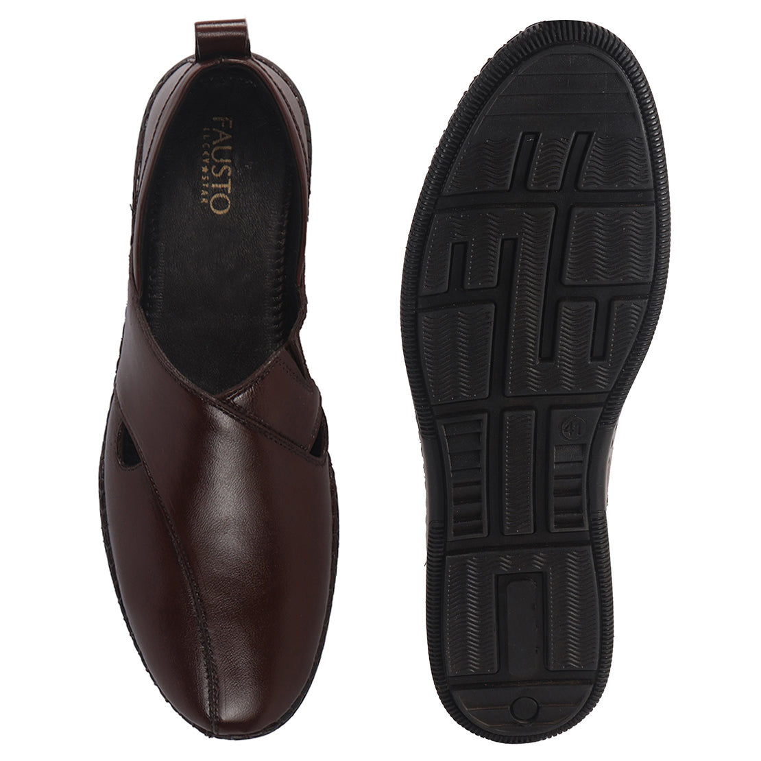 Men Brown Cut Leather Side Stitched Ethnic Criss Cross Juttis and Mojaris for Wedding|Flexible Rubber Sole|Slip On Shoe for Pathani Festive Kurta, Party