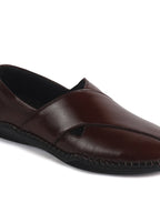 Men Brown Cut Leather Side Stitched Ethnic Criss Cross Juttis and Mojaris for Wedding|Flexible Rubber Sole|Slip On Shoe for Pathani Festive Kurta, Party
