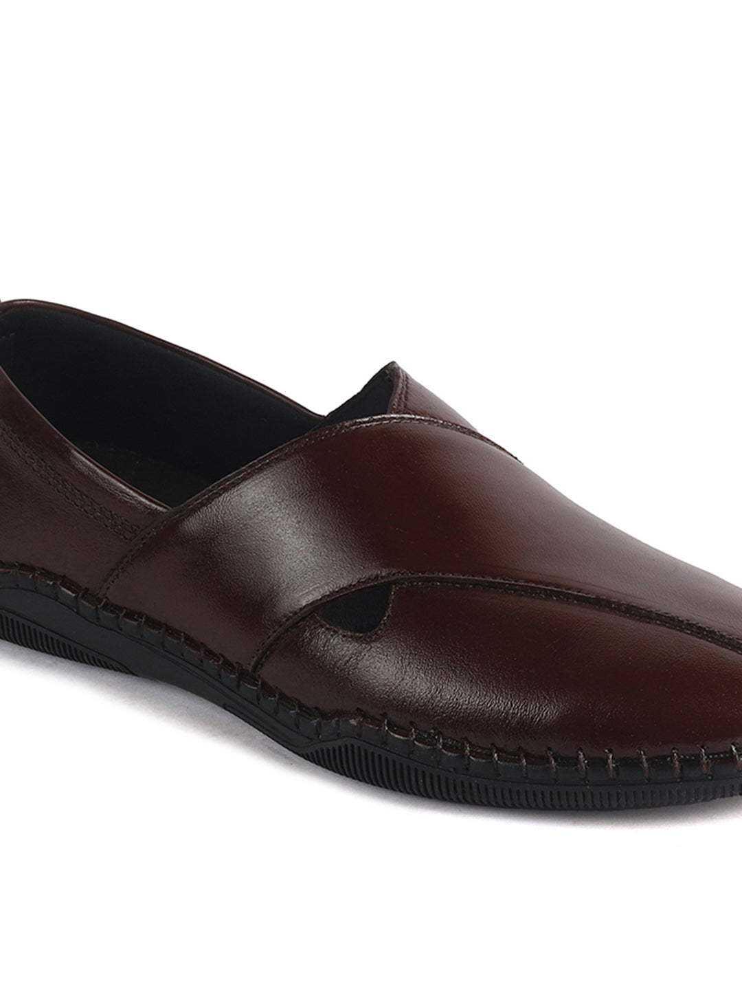 Men Brown Cut Leather Side Stitched Ethnic Criss Cross Juttis and Mojaris for Wedding|Flexible Rubber Sole|Slip On Shoe for Pathani Festive Kurta, Party