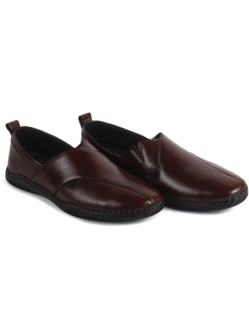 Men Brown Cut Leather Side Stitched Ethnic Criss Cross Juttis and Mojaris for Wedding|Flexible Rubber Sole|Slip On Shoe for Pathani Festive Kurta, Party