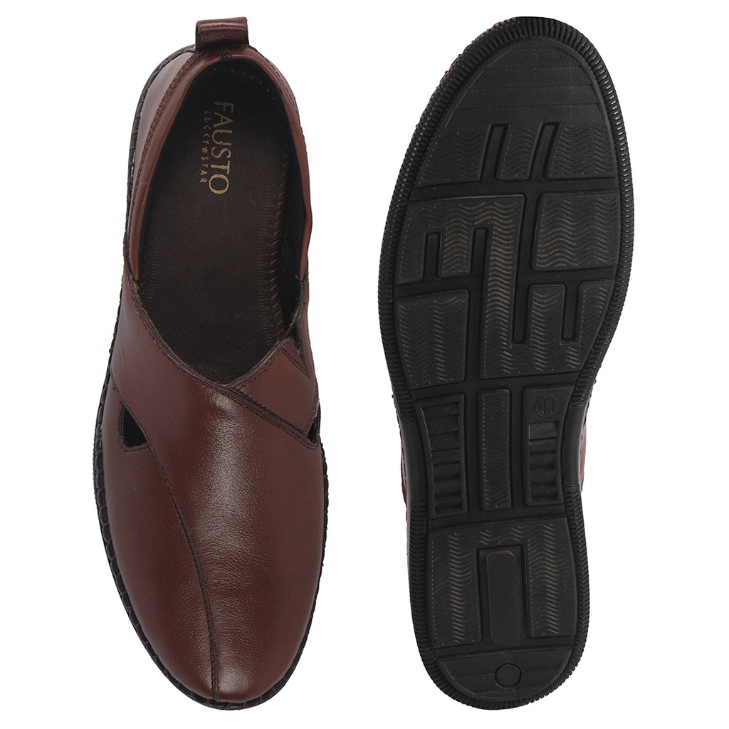 Men Tan Cut Leather Side Stitched Ethnic Criss Cross Juttis and Mojaris for Wedding|Flexible Rubber Sole|Slip On Shoe for Pathani Festive Kurta, Party