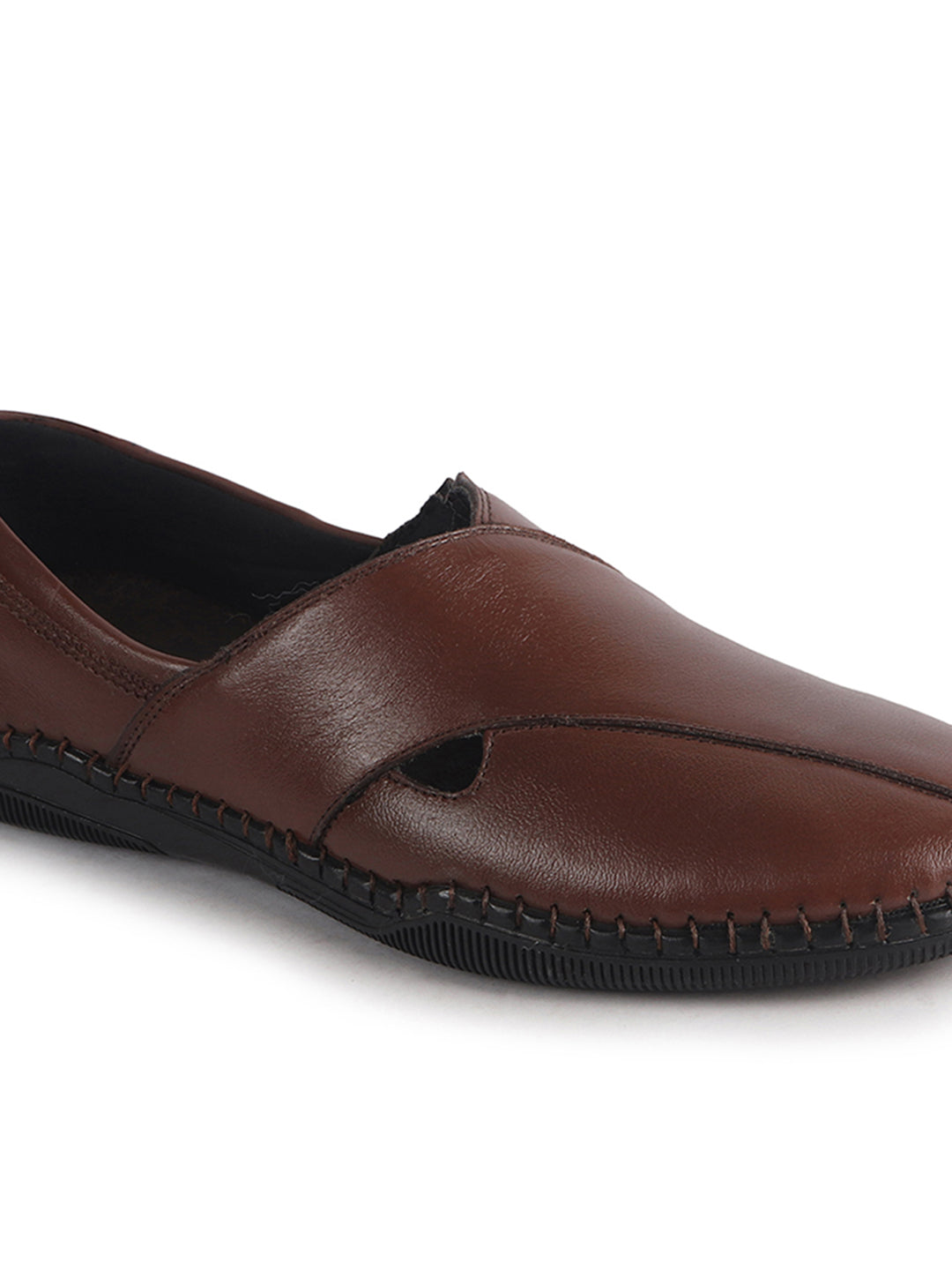 Men Tan Cut Leather Side Stitched Ethnic Criss Cross Juttis and Mojaris for Wedding|Flexible Rubber Sole|Slip On Shoe for Pathani Festive Kurta, Party