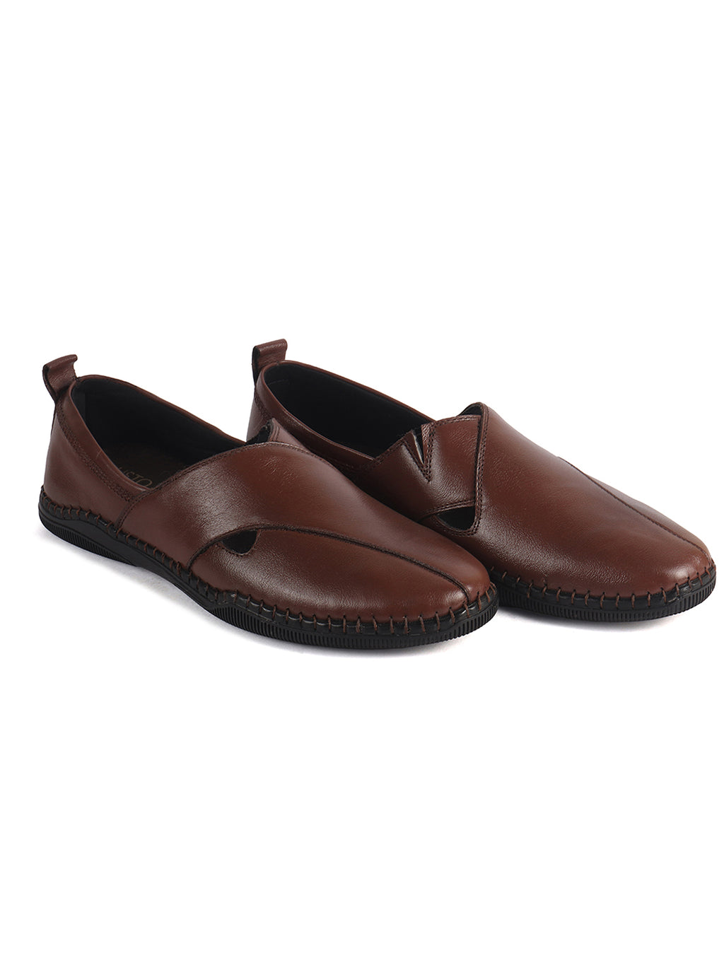 Men Tan Cut Leather Side Stitched Ethnic Criss Cross Juttis and Mojaris for Wedding|Flexible Rubber Sole|Slip On Shoe for Pathani Festive Kurta, Party