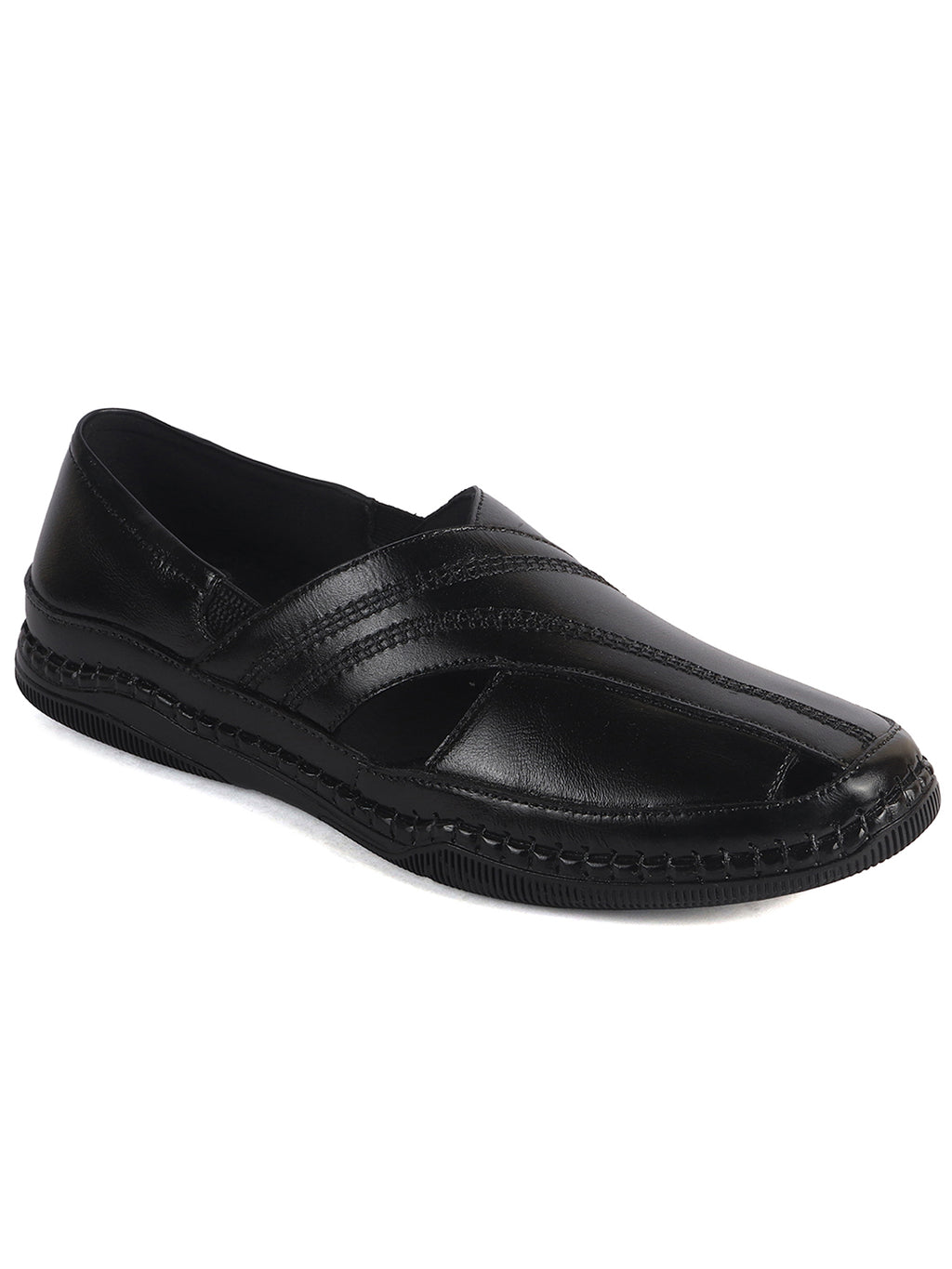 Men Black Cut Leather Side Stitched Ethnic Criss Cross Juttis and Mojari|Flexible Anti Skid Rubber Sole|Slip On Loafer Shoe Wedding, Party, Kurta Dress