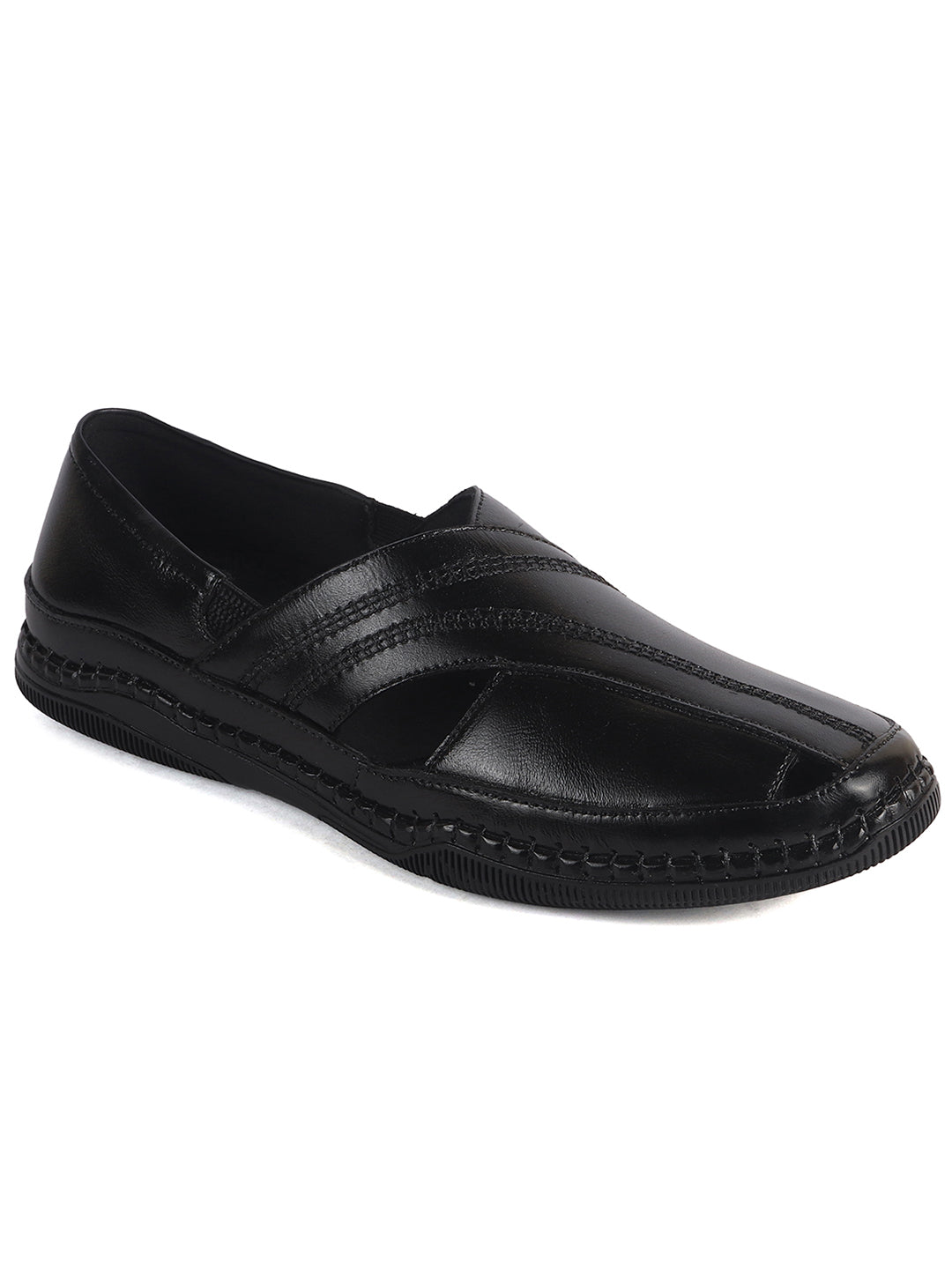Men Black Cut Leather Side Stitched Ethnic Criss Cross Juttis and Mojari|Flexible Anti Skid Rubber Sole|Slip On Loafer Shoe Wedding, Party, Kurta Dress