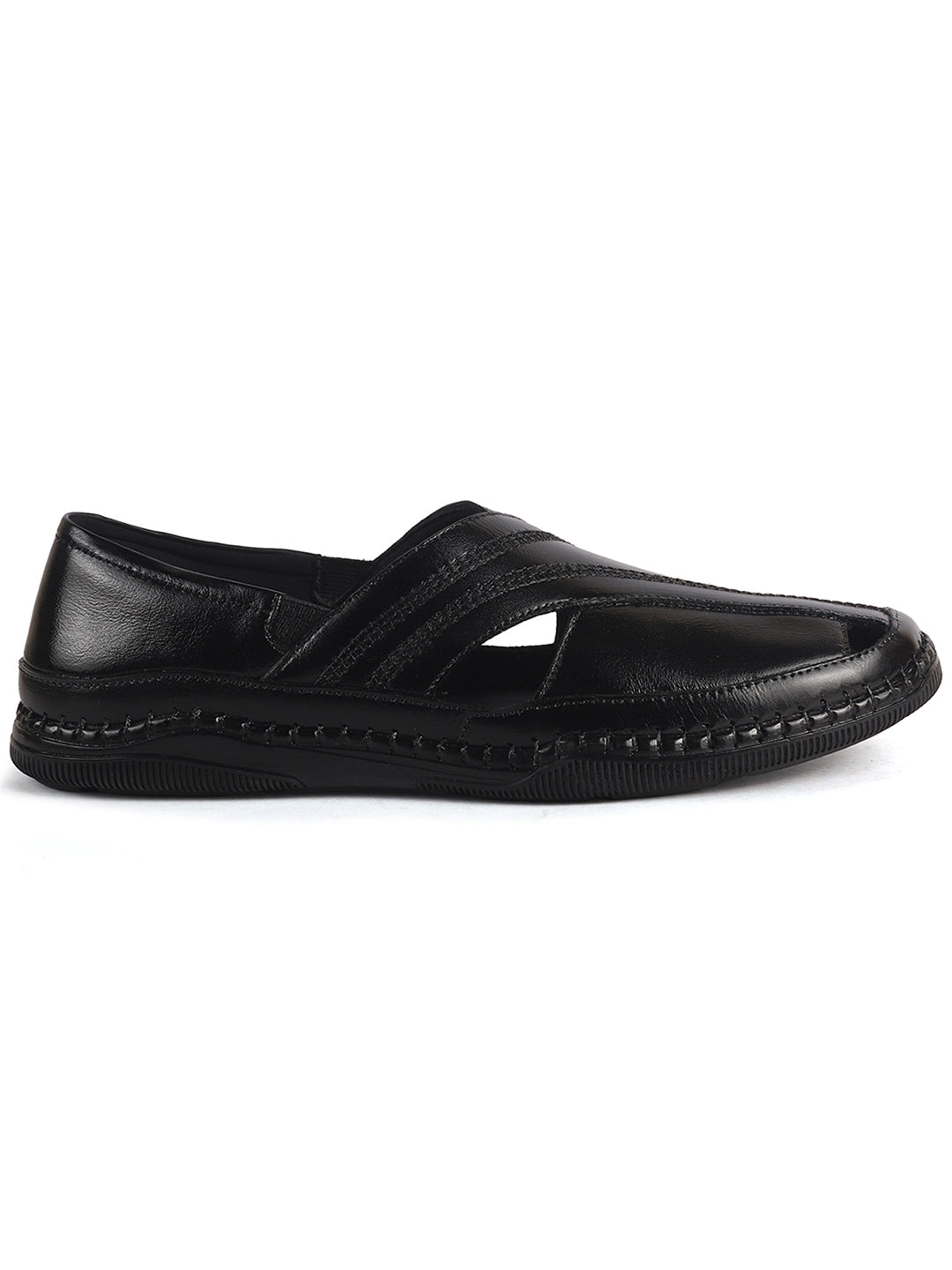 Men Black Cut Leather Side Stitched Ethnic Criss Cross Juttis and Mojari|Flexible Anti Skid Rubber Sole|Slip On Loafer Shoe Wedding, Party, Kurta Dress