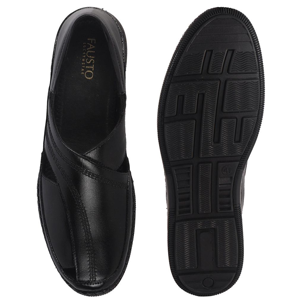Men Black Cut Leather Side Stitched Ethnic Criss Cross Juttis and Mojari|Flexible Anti Skid Rubber Sole|Slip On Loafer Shoe Wedding, Party, Kurta Dress