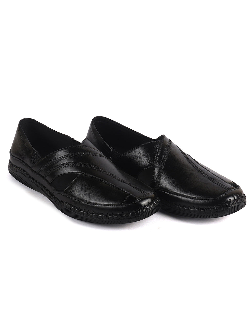 Men Black Cut Leather Side Stitched Ethnic Criss Cross Juttis and Mojari|Flexible Anti Skid Rubber Sole|Slip On Loafer Shoe Wedding, Party, Kurta Dress
