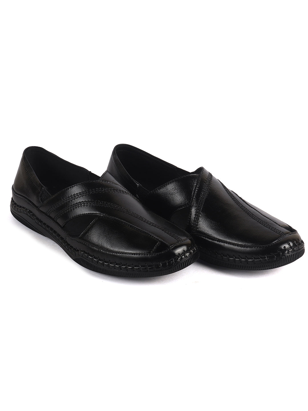 Men Black Cut Leather Side Stitched Ethnic Criss Cross Juttis and Mojari|Flexible Anti Skid Rubber Sole|Slip On Loafer Shoe Wedding, Party, Kurta Dress