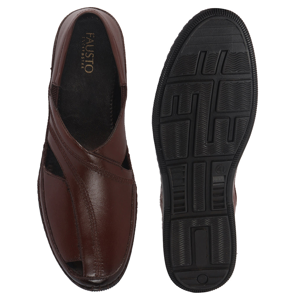 Men Brown Cut Leather Side Stitched Ethnic Criss Cross Juttis and Mojari|Flexible Anti Skid Rubber Sole|Slip On Loafer Shoe Wedding, Party, Kurta Dress