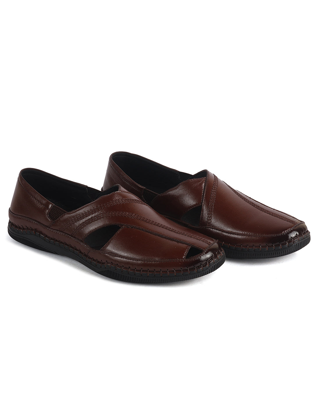 Men Brown Cut Leather Side Stitched Ethnic Criss Cross Juttis and Mojari|Flexible Anti Skid Rubber Sole|Slip On Loafer Shoe Wedding, Party, Kurta Dress
