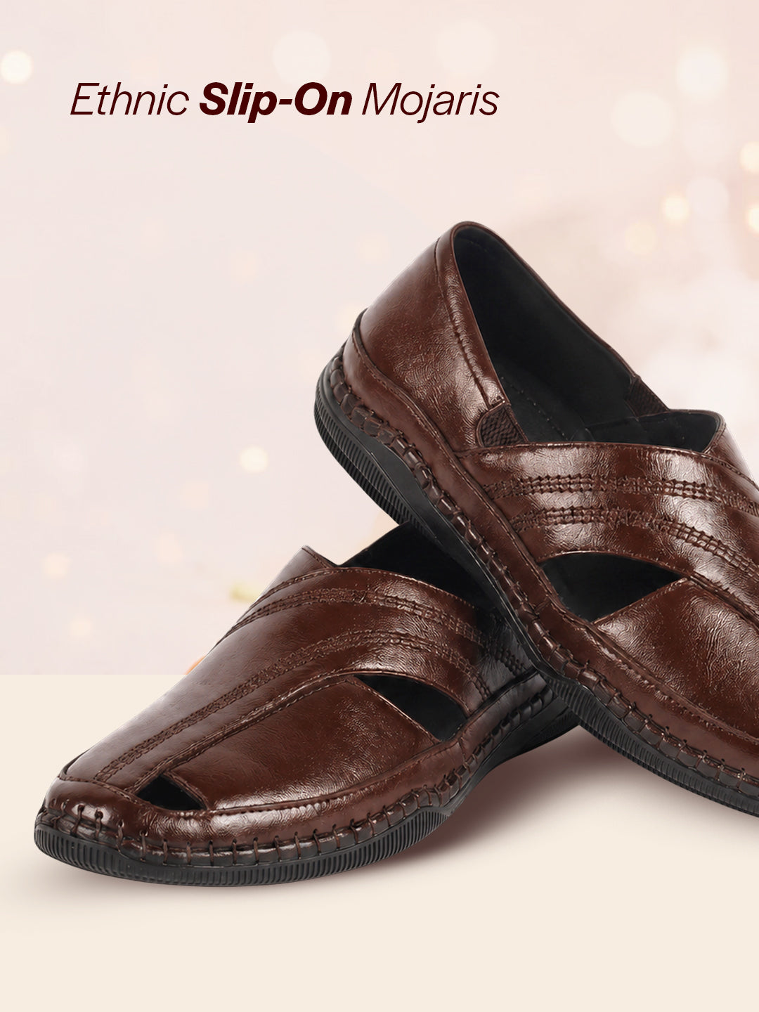Men Tan Cut Leather Side Stitched Ethnic Criss Cross Juttis and Mojari|Flexible Anti Skid Rubber Sole|Slip On Loafer Shoe Wedding, Party, Kurta Dress