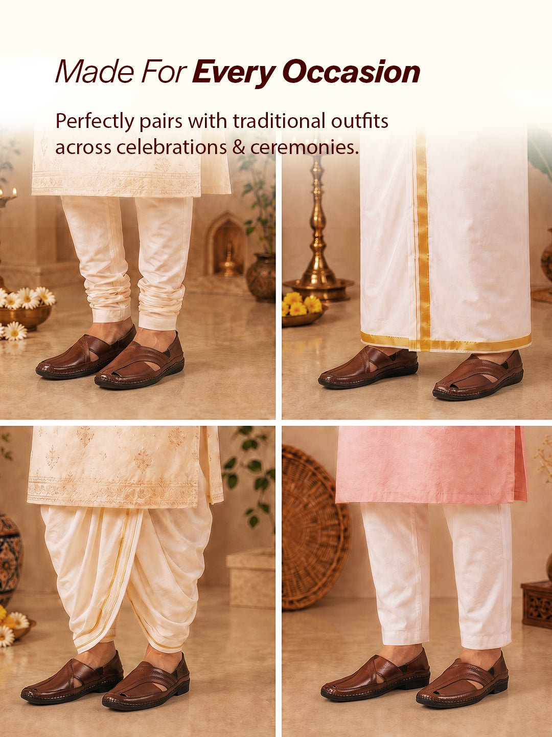 Men Tan Cut Leather Side Stitched Ethnic Criss Cross Juttis and Mojari|Flexible Anti Skid Rubber Sole|Slip On Loafer Shoe Wedding, Party, Kurta Dress