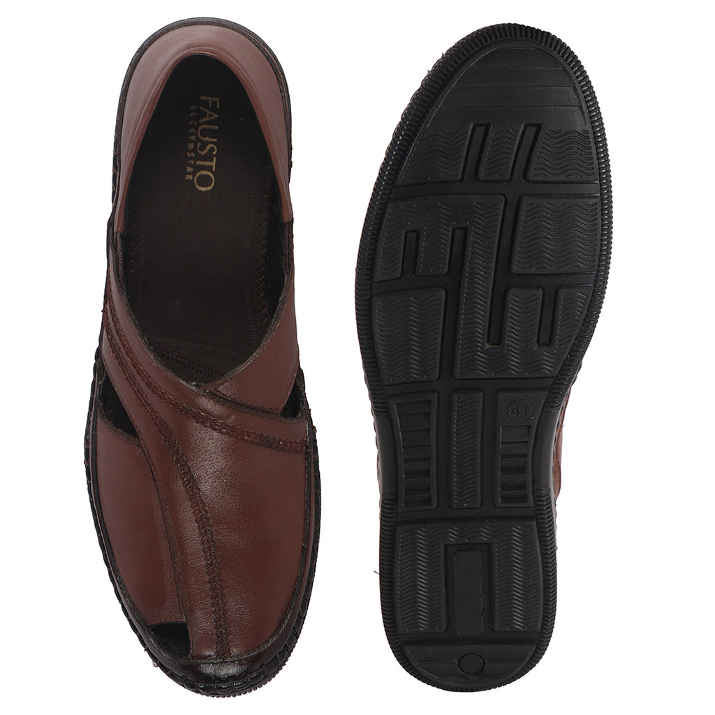 Men Tan Cut Leather Side Stitched Ethnic Criss Cross Juttis and Mojari|Flexible Anti Skid Rubber Sole|Slip On Loafer Shoe Wedding, Party, Kurta Dress