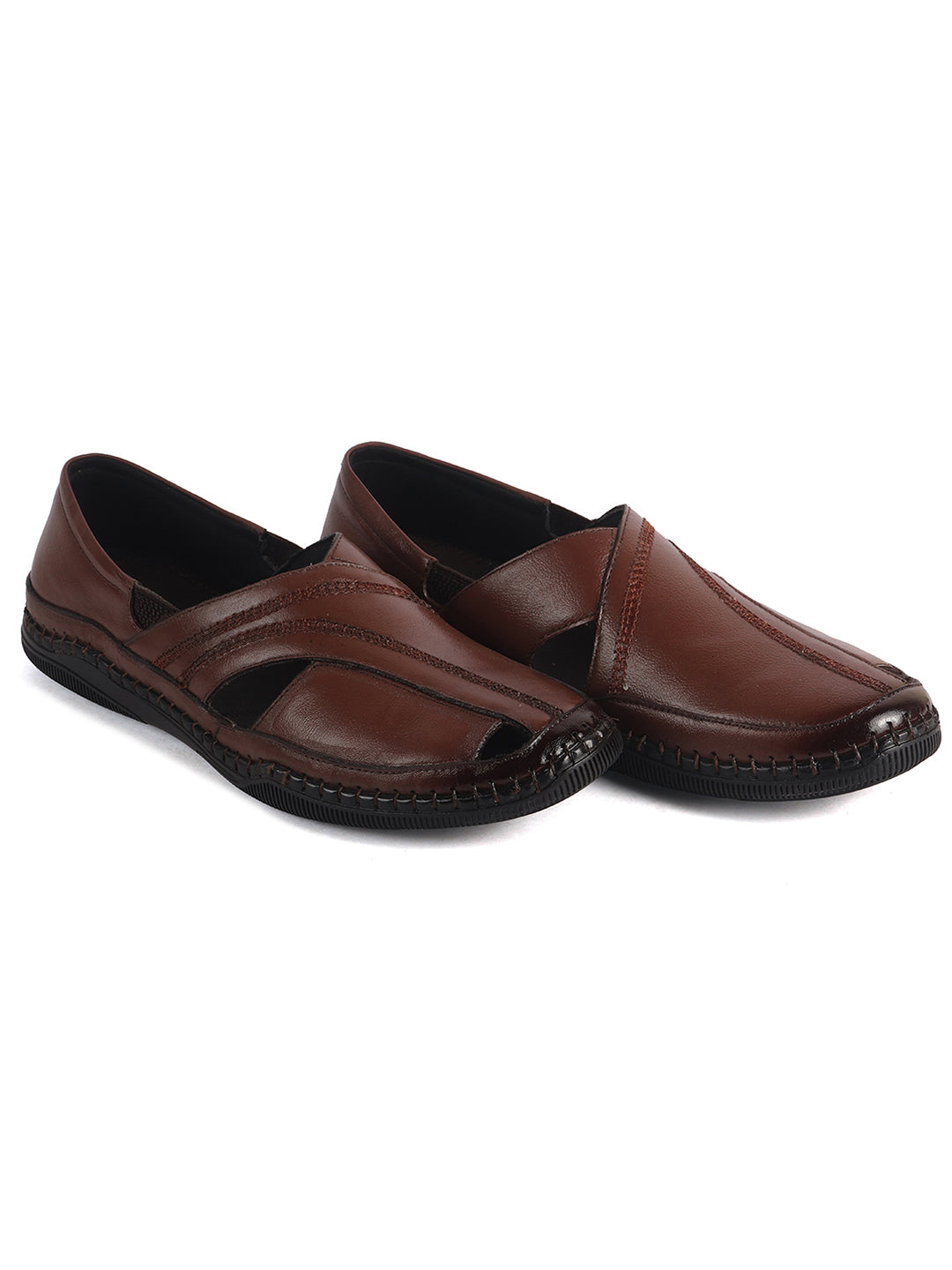 Men Tan Cut Leather Side Stitched Ethnic Criss Cross Juttis and Mojari|Flexible Anti Skid Rubber Sole|Slip On Loafer Shoe Wedding, Party, Kurta Dress
