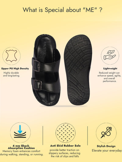 Men Black Open Toe Broad Feet Double Adjustable Strap Ethnic Kurta Slip On Sandals|Anti-Skid Sole Slippers|Memory Cushion Insole