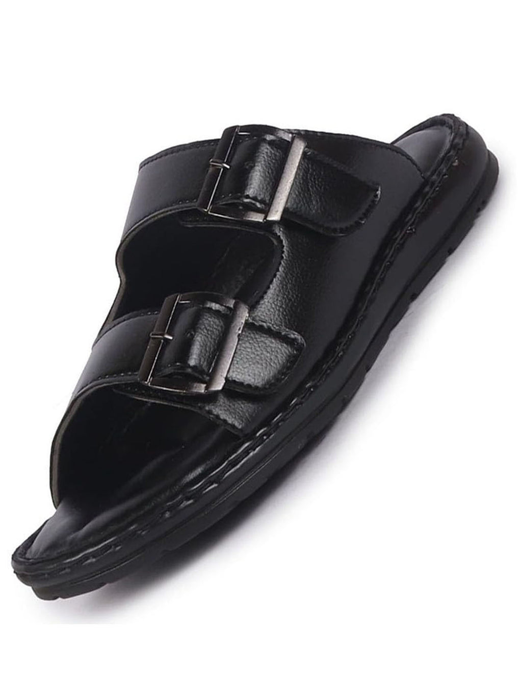 Men Black Open Toe Broad Feet Double Adjustable Strap Ethnic Kurta Slip On Sandals|Anti-Skid Sole Slippers|Memory Cushion Insole