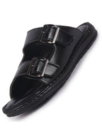 Men Black Open Toe Broad Feet Double Adjustable Strap Ethnic Kurta Slip On Sandals|Anti-Skid Sole Slippers|Memory Cushion Insole
